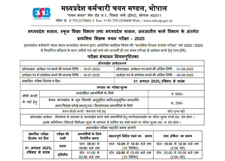 MPESB Primary School Teacher Vacancy 2025