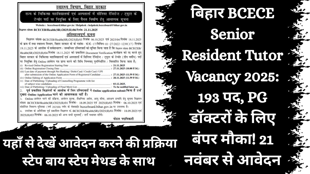 Bihar BCECE Senior Resident Tutor Vacancy 2025