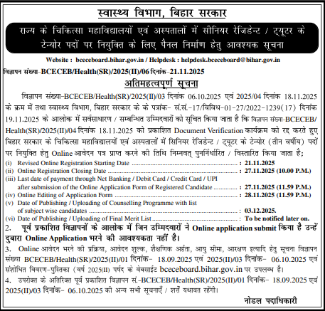 Bihar BCECE Senior Resident Tutor Vacancy 2025